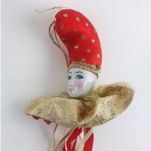 Porcelain Face COURT JESTER Ornament Cushion Ribbon Gold Red Clown Pink Cheeks - Picture 1 of 8
